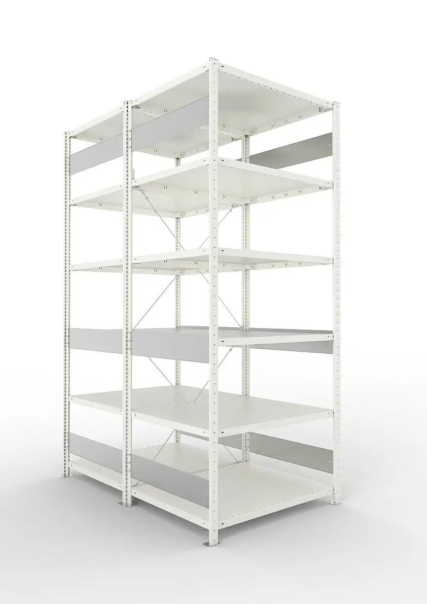 Meta Fachbodenregal Stecksystem S3 CLIP | Grundregal | HxBxT 250x100x160cm | 6 Ebenen | Fachlast 230kg | Doppelseitige Bauart mit Diagonalverstrebung | Lichtgrau