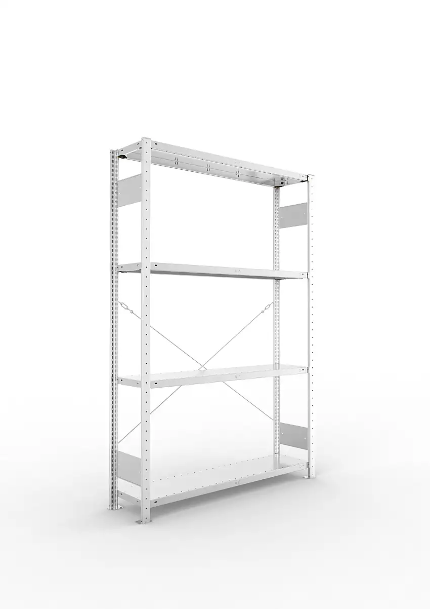 Meta Fachbodenregal Stecksystem S3 CLIP | Grundregal | HxBxT 200x130x30cm | 4 Ebenen | Fachlast 230kg | Einseitig nutzbar | Verzinkt