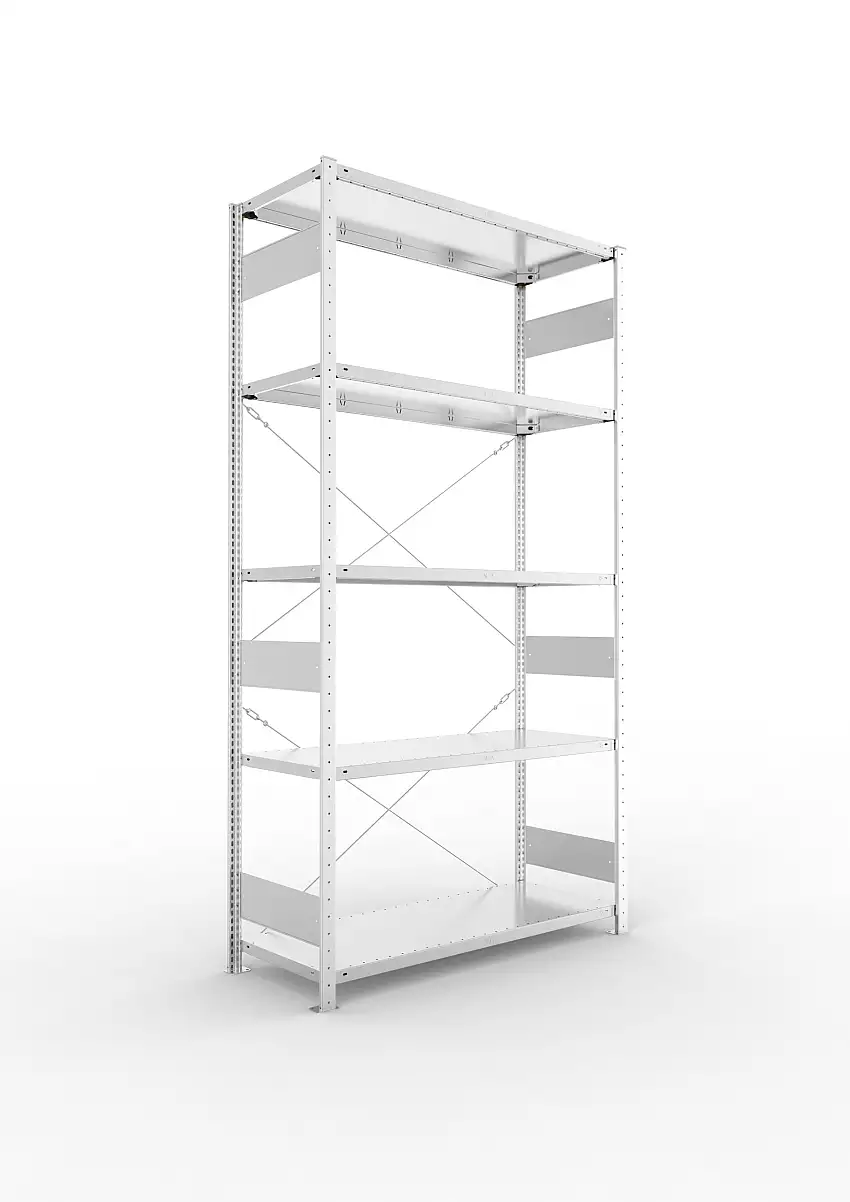 Meta Fachbodenregal Stecksystem S3 CLIP | Grundregal | HxBxT 250x130x50cm | 5 Ebenen | Fachlast 230kg | Einseitig nutzbar | Verzinkt