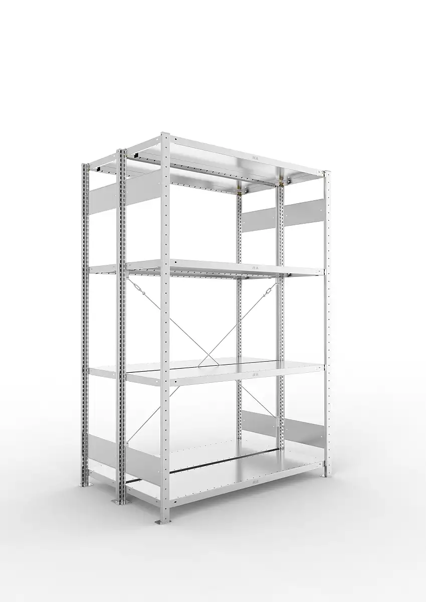 Meta Fachbodenregal Stecksystem S3 CLIP | Grundregal | HxBxT 200x130x80cm | 4 Ebenen | Fachlast 230kg | Doppelseitige Bauart mit Diagonalverstrebung | Verzinkt