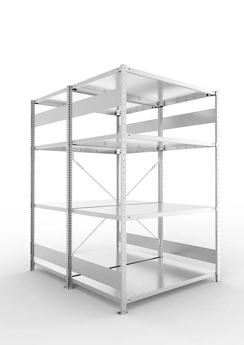 Meta Fachbodenregal Stecksystem S3 CLIP | Grundregal | HxBxT 200x130x160cm | 4 Ebenen | Fachlast 230kg | Doppelseitige Bauart mit Diagonalverstrebung | Verzinkt