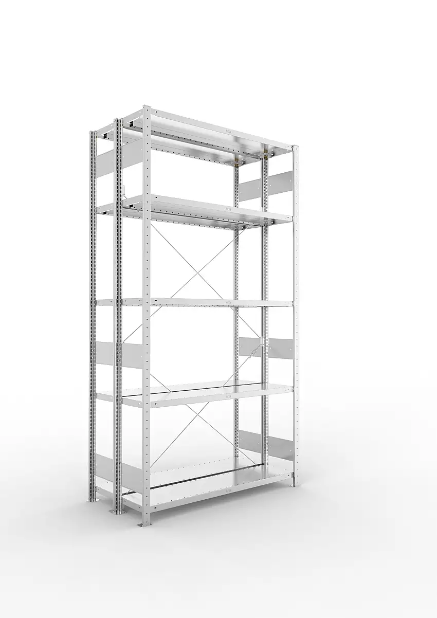 Meta Fachbodenregal Stecksystem S3 CLIP | Grundregal | HxBxT 250x130x60cm | 5 Ebenen | Fachlast 230kg | Doppelseitige Bauart mit Diagonalverstrebung | Verzinkt