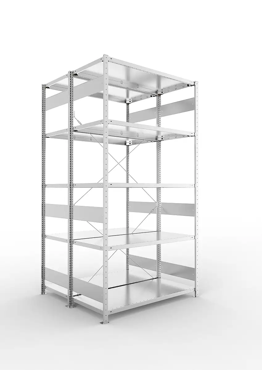 Meta Fachbodenregal Stecksystem S3 CLIP | Grundregal | HxBxT 250x130x120cm | 5 Ebenen | Fachlast 230kg | Doppelseitige Bauart mit Diagonalverstrebung | Verzinkt