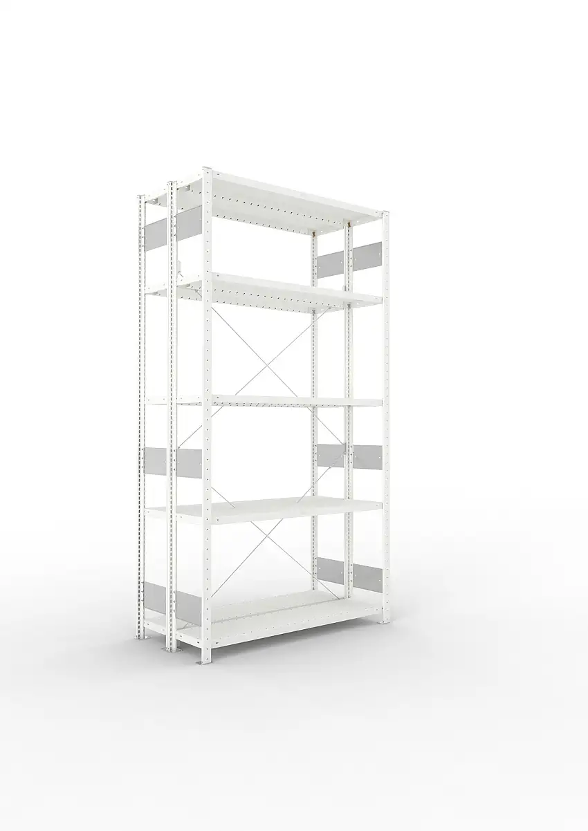 Meta Fachbodenregal Stecksystem S3 CLIP | Grundregal | HxBxT 250x130x60cm | 5 Ebenen | Fachlast 230kg | Doppelseitige Bauart mit Diagonalverstrebung | Lichtgrau