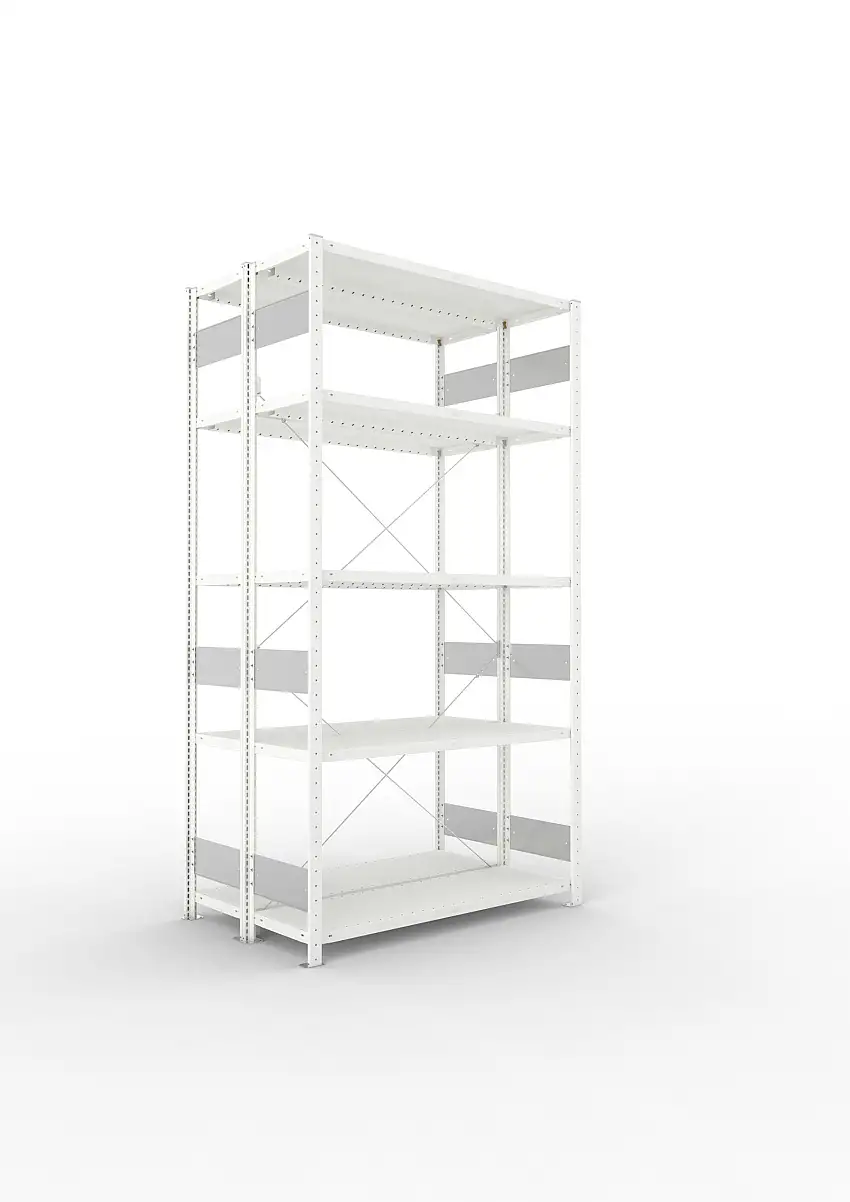 Meta Fachbodenregal Stecksystem S3 CLIP | Grundregal | HxBxT 250x130x80cm | 5 Ebenen | Fachlast 230kg | Doppelseitige Bauart mit Diagonalverstrebung | Lichtgrau