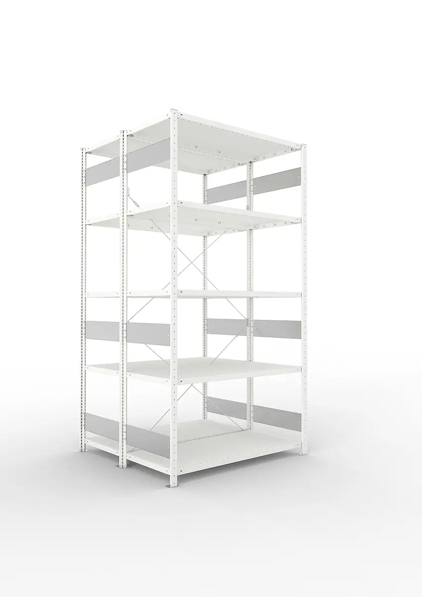 Meta Fachbodenregal Stecksystem S3 CLIP | Grundregal | HxBxT 250x130x120cm | 5 Ebenen | Fachlast 230kg | Doppelseitige Bauart mit Diagonalverstrebung | Lichtgrau