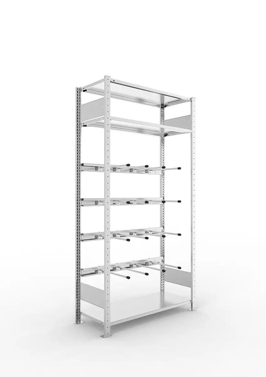 Meta Keilriemenregal Stecksystem CLIP | Grundregal | HxBxT 200x100x40cm | 3 Fachböden & 4 Ebenen mit jeweils 4 Tragarmen | Fachlast 80kg | Verzinkt