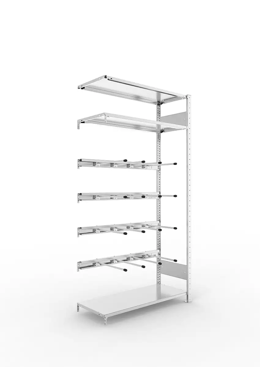 Meta Keilriemenregal Stecksystem CLIP | Anbauregal | HxBxT 200x100x40cm | 3 Fachböden & 4 Ebenen mit jeweils 4 Tragarmen | Fachlast 80kg | Verzinkt