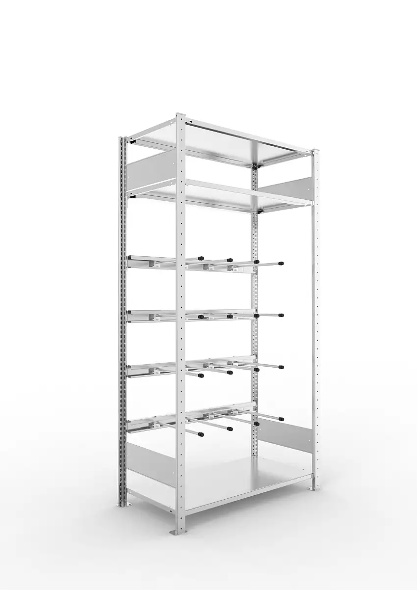 Meta Keilriemenregal Stecksystem CLIP | Grundregal | HxBxT 200x100x50cm | 3 Fachböden & 4 Ebenen mit jeweils 4 Tragarmen | Fachlast 80kg | Verzinkt