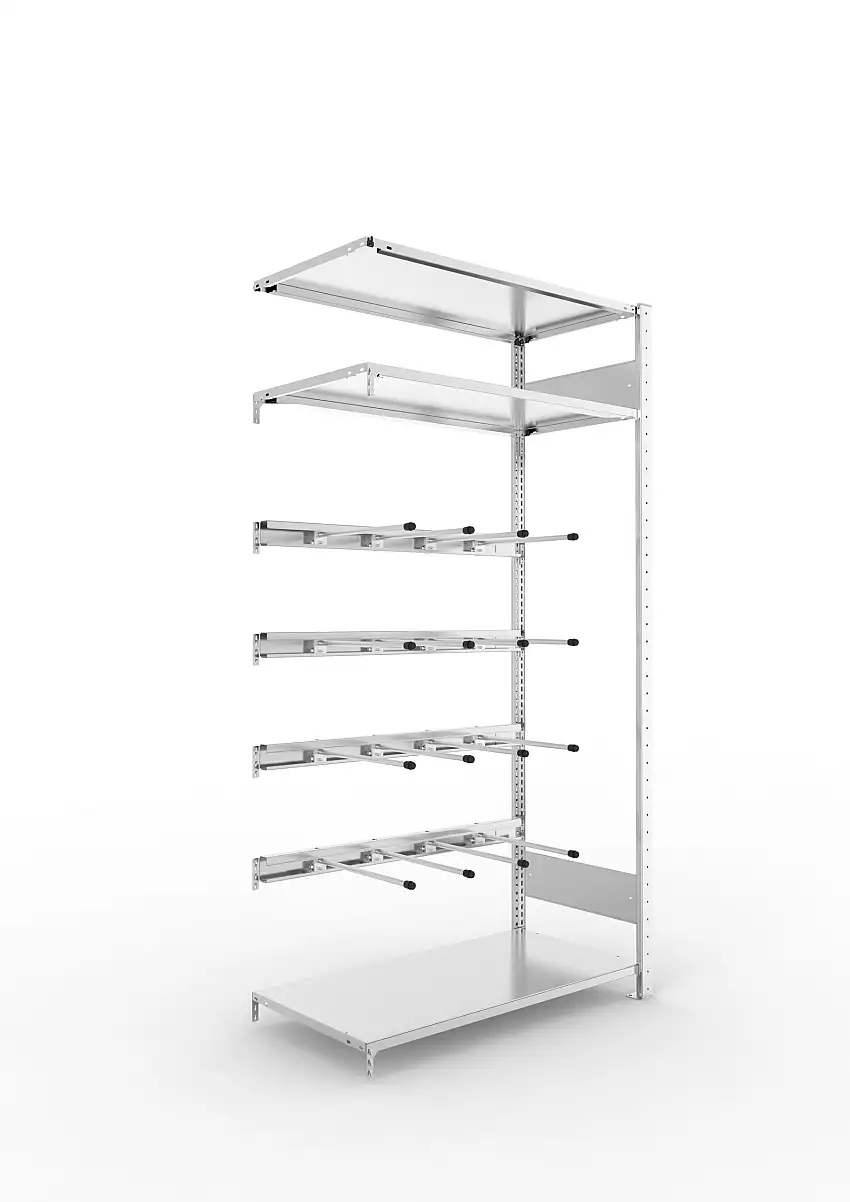 Meta Keilriemenregal Stecksystem CLIP | Anbauregal | HxBxT 200x100x50cm | 3 Fachböden & 4 Ebenen mit jeweils 4 Tragarmen | Fachlast 80kg | Verzinkt