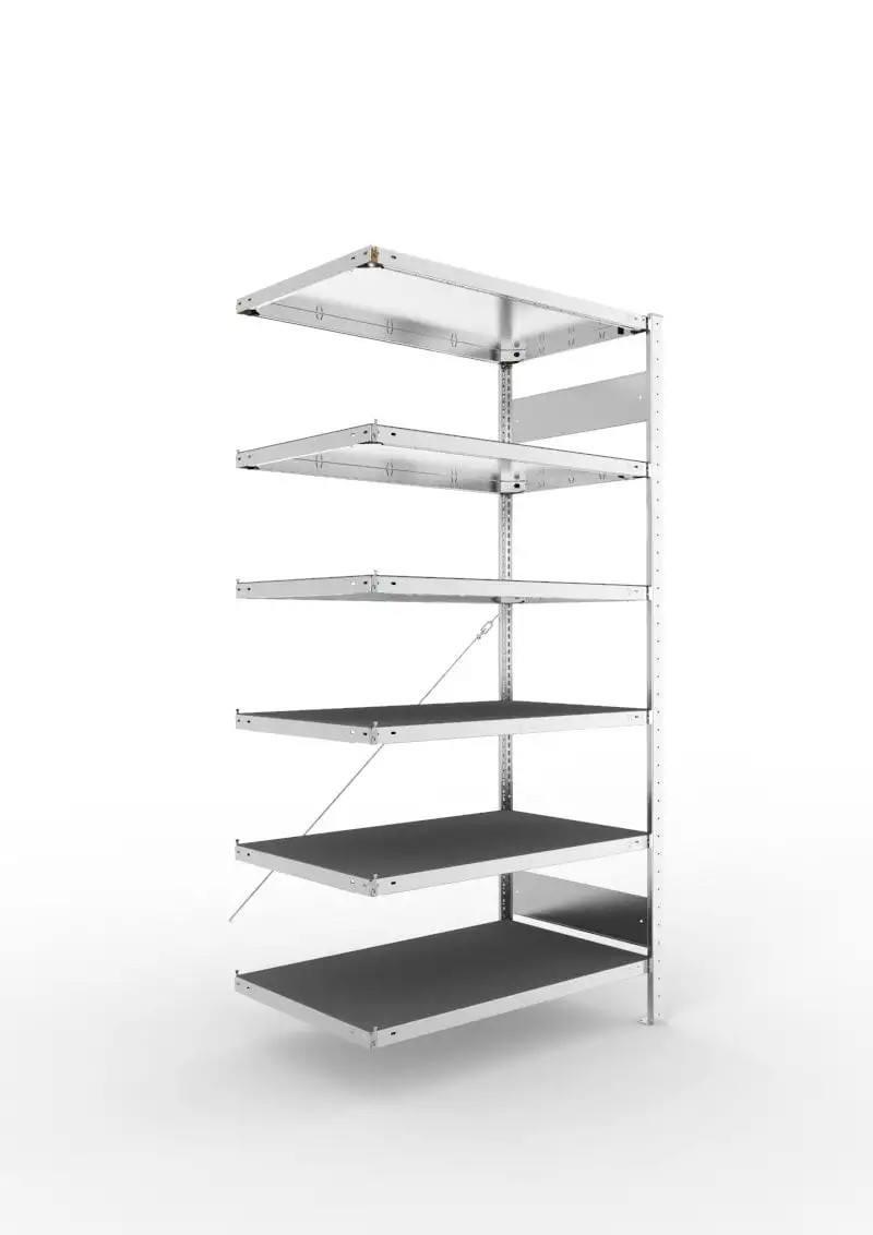 Meta Fachbodenregal Stecksystem CLIP | Anbauregal | HxBxT 200x100x60cm | 6 Fachböden mit Gummimatte | Fachlast 230kg | Einseitig nutzbar | Verzinkt