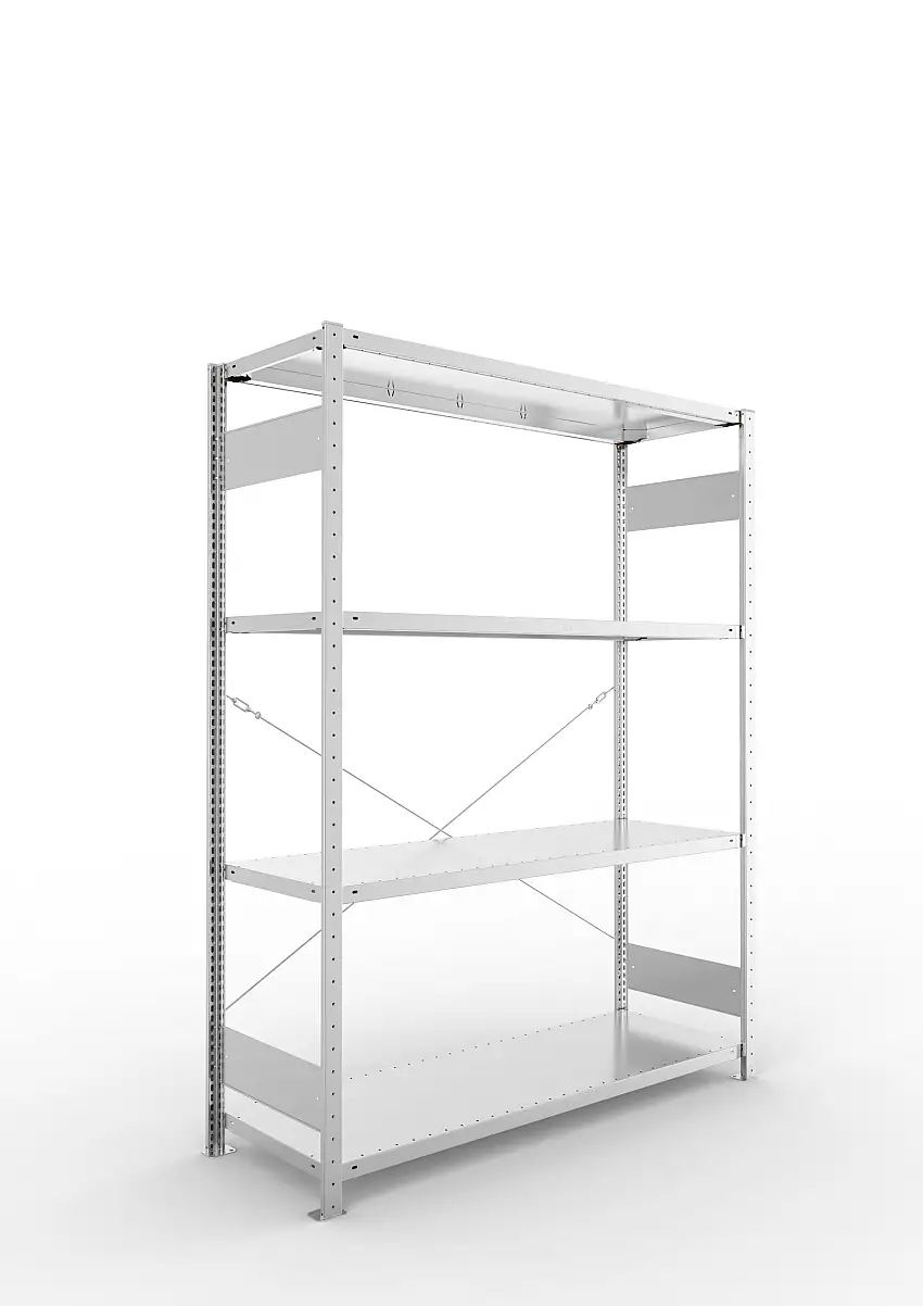 Meta Fachbodenregal Stecksystem S3 CLIP | Grundregal | HxBxT 200x150x50cm | 4 Ebenen | Fachlast 200kg | Einseitig nutzbar | Verzinkt