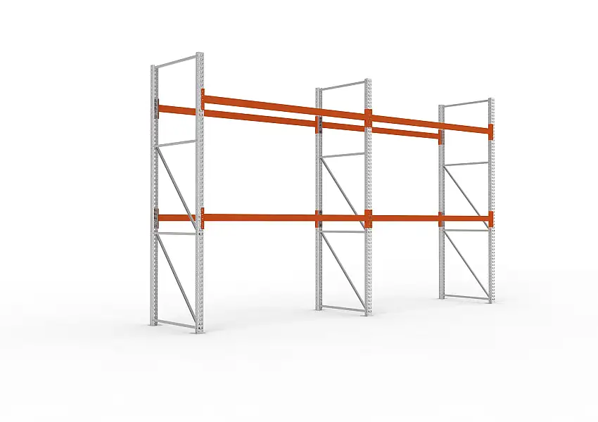Meta Palettenregal MULTIPAL | Light-Duty | 2-Felder | HxBxT 330x566x110cm | 3 Ebenen | Fachlast 1480kg | Verzinkt/Orange