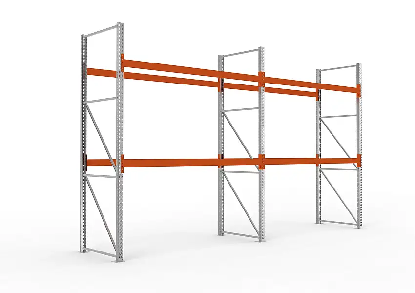 Meta Palettenregal MULTIPAL | Medium-Duty | 2-Felder | HxBxT 330x566x110cm | 3 Ebenen | Fachlast 2350kg | Verzinkt/Orange