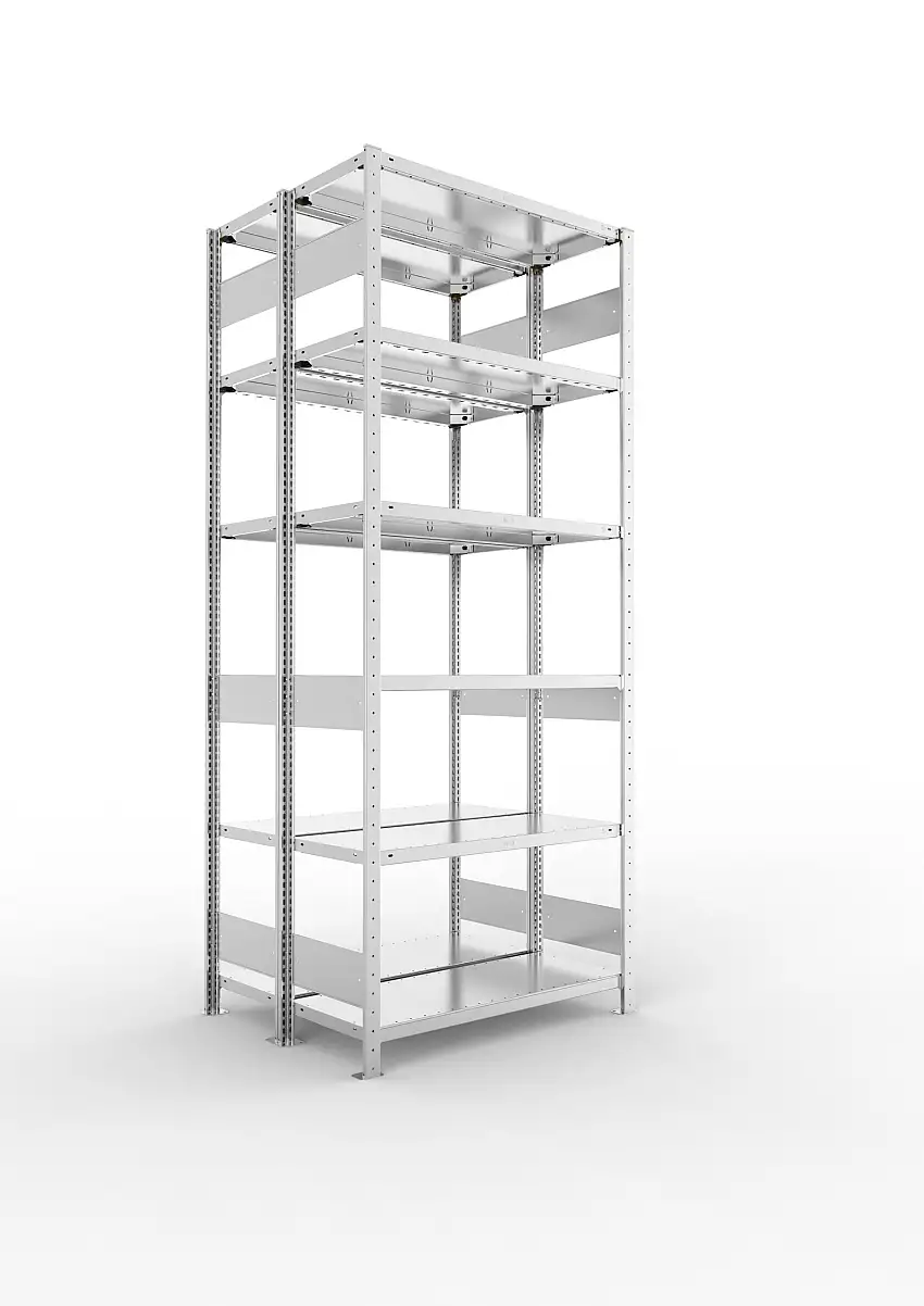 Meta Fachbodenregal Stecksystem S3 CLIP | Grundregal | HxBxT 250x100x80cm | 6 Ebenen | Fachlast 150kg | Doppelseitige Bauart | Verzinkt
