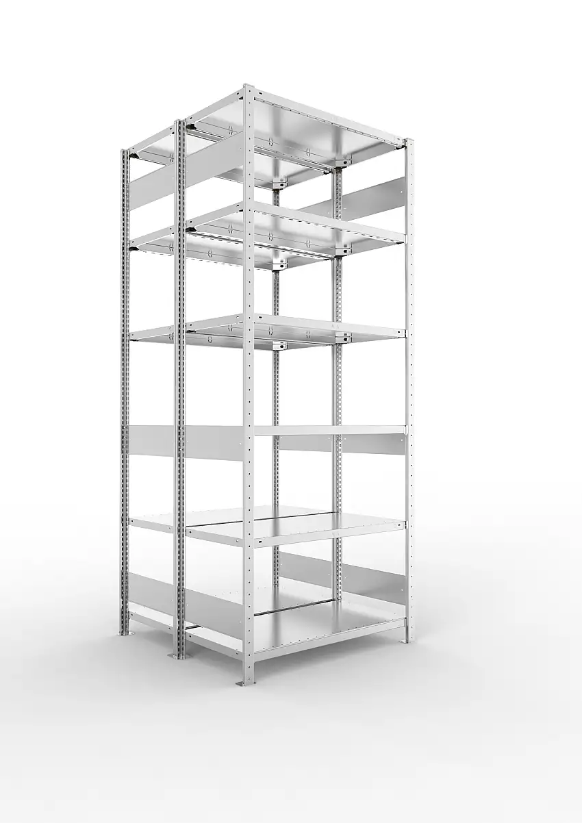 Meta Fachbodenregal Stecksystem S3 CLIP | Grundregal | HxBxT 250x100x100cm | 6 Ebenen | Fachlast 150kg | Doppelseitige Bauart | Verzinkt