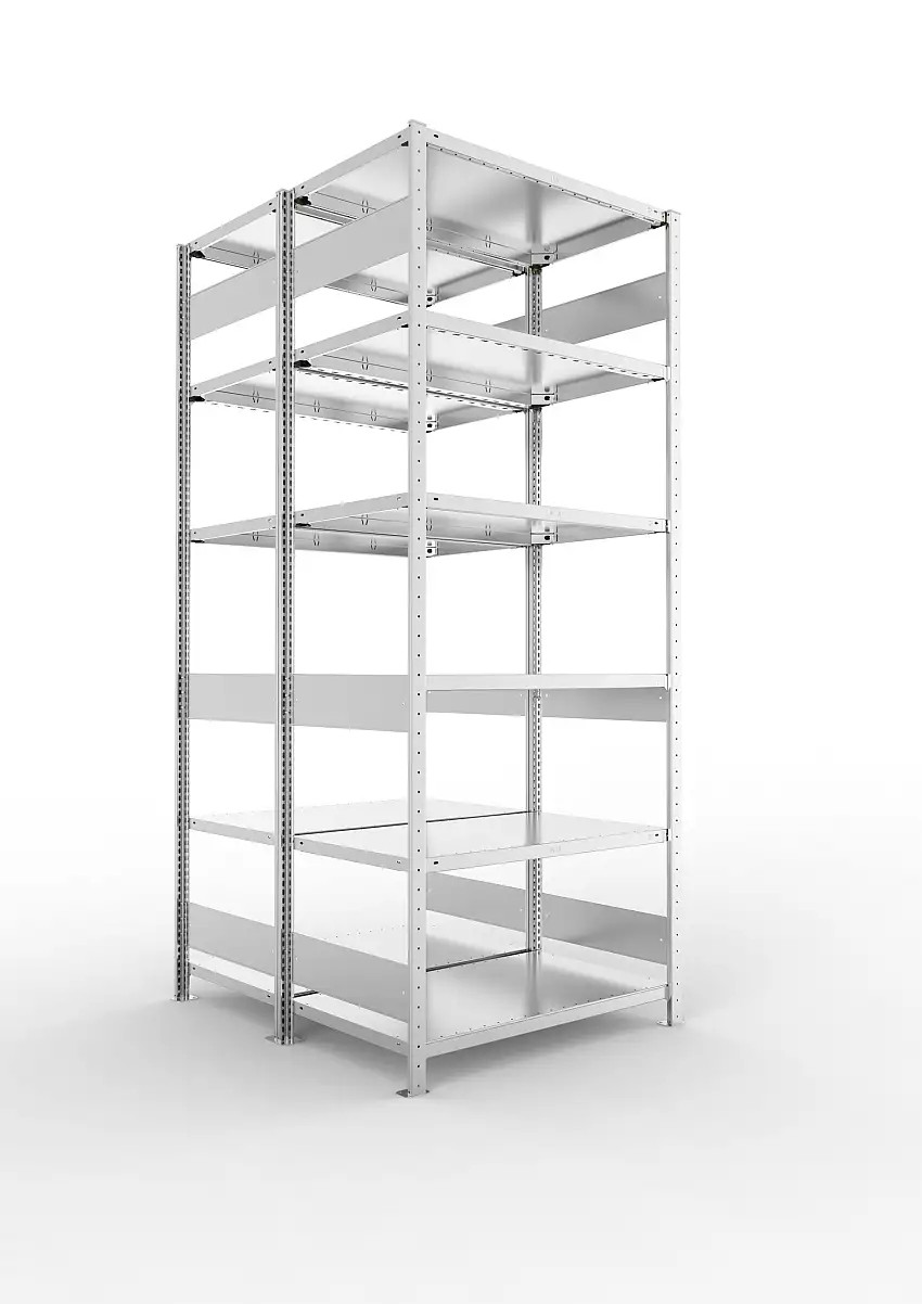 Meta Fachbodenregal Stecksystem S3 CLIP | Grundregal | HxBxT 250x100x120cm | 6 Ebenen | Fachlast 150kg | Doppelseitige Bauart | Verzinkt