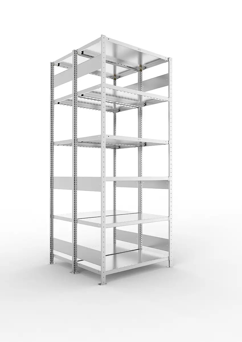Meta Fachbodenregal Stecksystem S3 CLIP | Grundregal | HxBxT 250x100x100cm | 6 Ebenen | Fachlast 230kg | Doppelseitige Bauart | Verzinkt