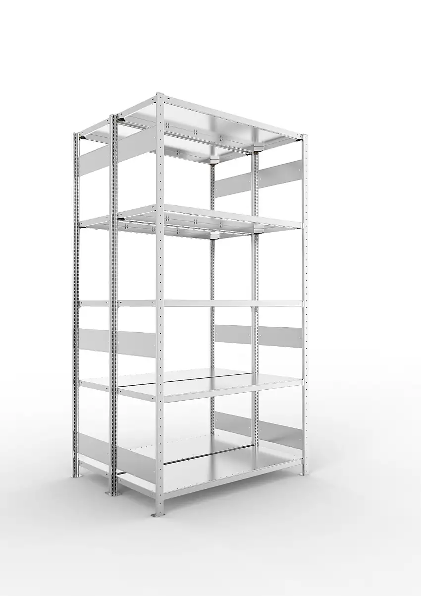 Meta Fachbodenregal Stecksystem S3 CLIP | Grundregal | HxBxT 250x130x100cm | 5 Ebenen | Fachlast 230kg | Doppelseitige Bauart | Verzinkt