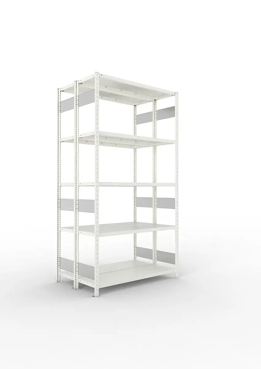 Meta Fachbodenregal Stecksystem S3 CLIP | Grundregal | HxBxT 250x130x80cm | 5 Ebenen | Fachlast 230kg | Doppelseitige Bauart | Lichtgrau