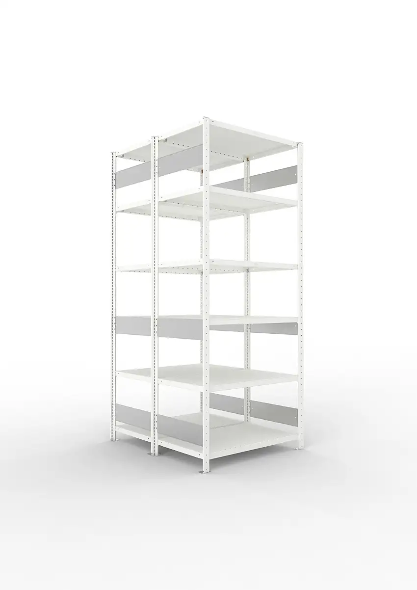 Meta Fachbodenregal Stecksystem S3 CLIP | Grundregal | HxBxT 250x100x120cm | 6 Ebenen | Fachlast 230kg | Doppelseitige Bauart | Lichtgrau