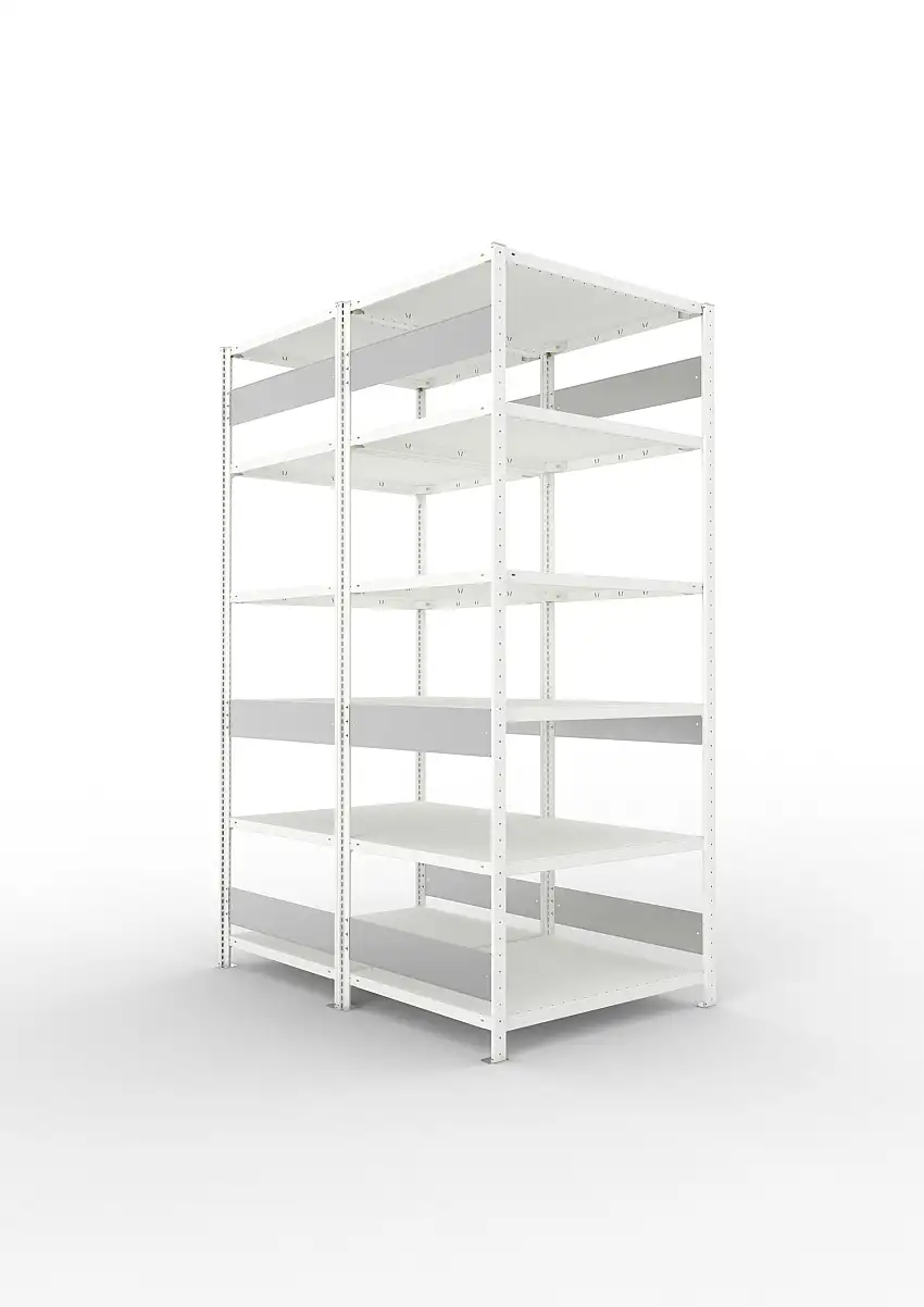 Meta Fachbodenregal Stecksystem S3 CLIP | Grundregal | HxBxT 250x100x160cm | 6 Ebenen | Fachlast 230kg | Doppelseitige Bauart | Lichtgrau