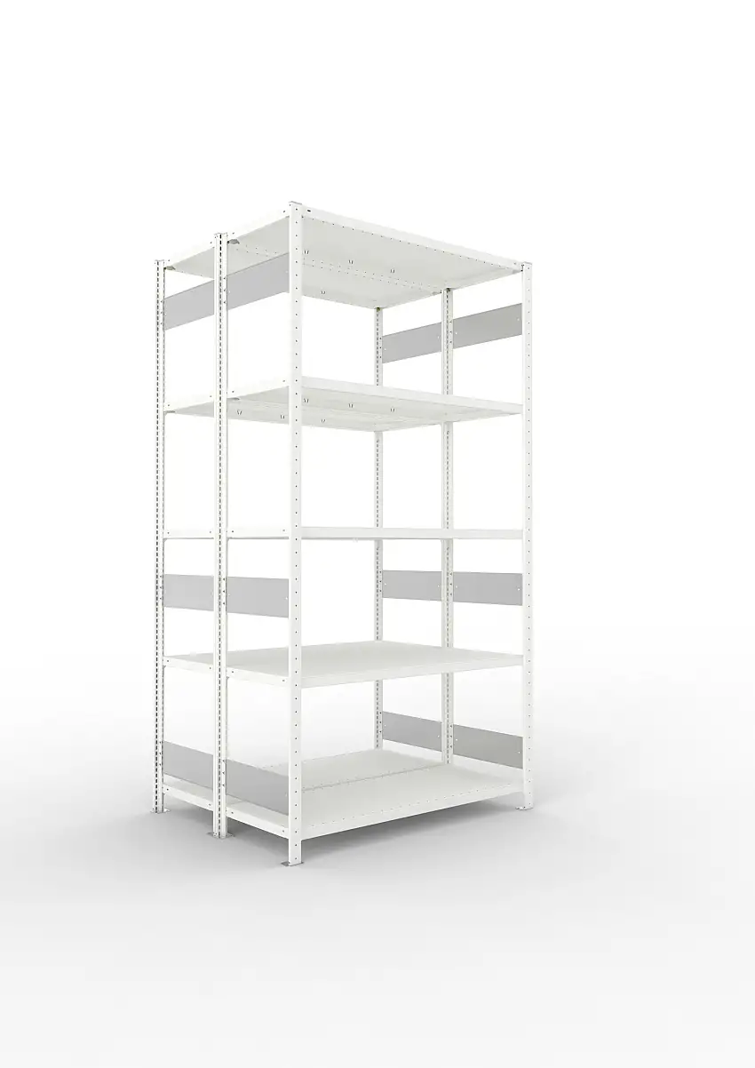 Meta Fachbodenregal Stecksystem S3 CLIP | Grundregal | HxBxT 250x130x100cm | 5 Ebenen | Fachlast 230kg | Doppelseitige Bauart | Lichtgrau