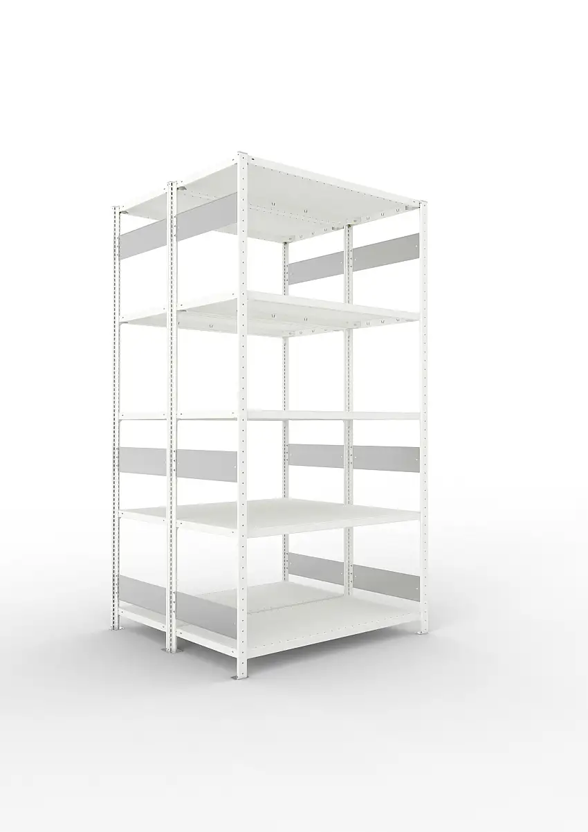 Meta Fachbodenregal Stecksystem S3 CLIP | Grundregal | HxBxT 250x130x120cm | 5 Ebenen | Fachlast 230kg | Doppelseitige Bauart | Lichtgrau
