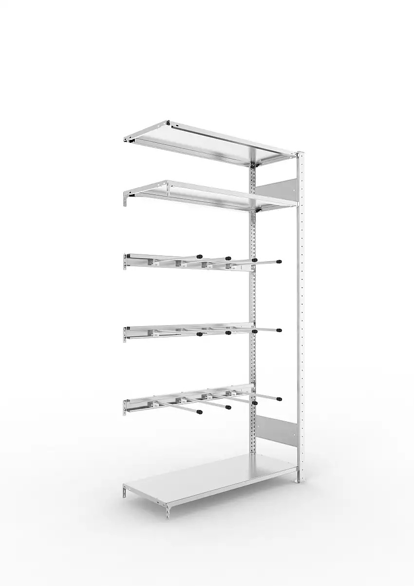 Meta Keilriemenregal Stecksystem CLIP | Anbauregal | HxBxT 200x100x40cm | 3 Fachböden & 3 Ebenen mit jeweils 4 Tragarmen | Fachlast 80kg | Verzinkt