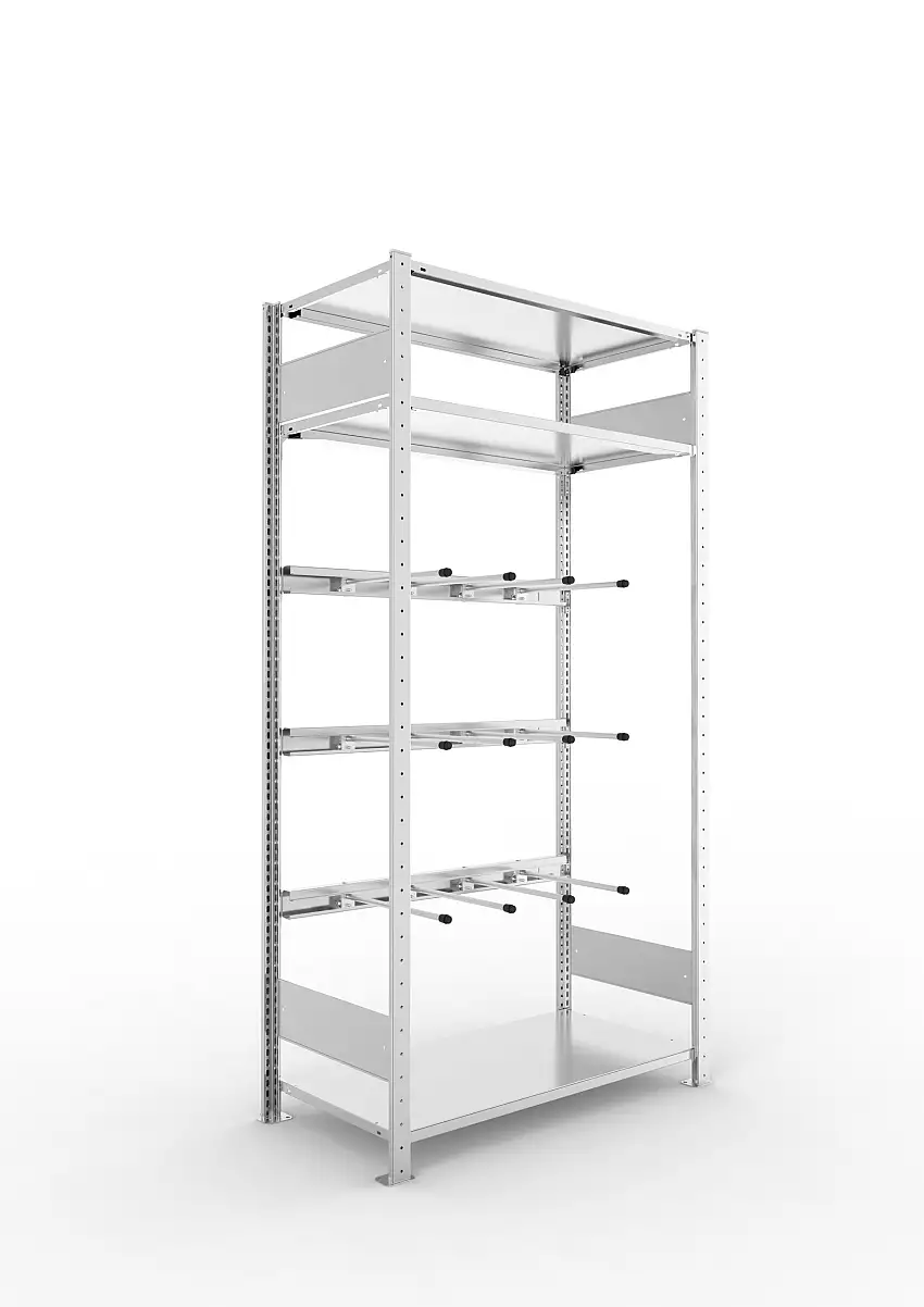 Meta Keilriemenregal Stecksystem CLIP | Grundregal | HxBxT 200x100x50cm | 3 Fachböden & 3 Ebenen mit jeweils 4 Tragarmen | Fachlast 80kg | Verzinkt