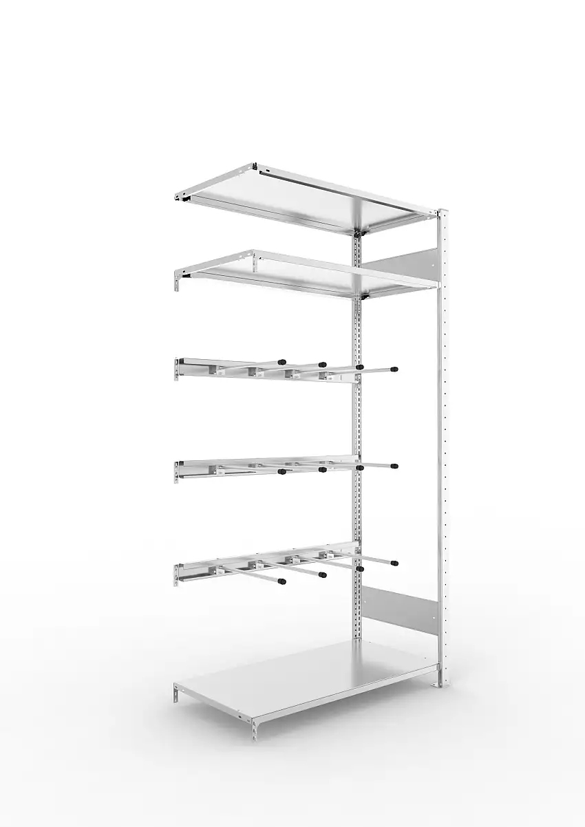 Meta Keilriemenregal Stecksystem CLIP | Anbauregal | HxBxT 200x100x50cm | 3 Fachböden & 3 Ebenen mit jeweils 4 Tragarmen | Fachlast 80kg | Verzinkt
