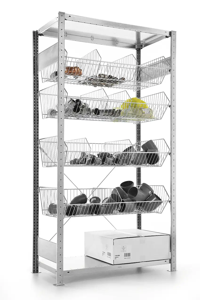 Meta Kleinteileregal Stecksystem CLIP mit Gitterkörben und Gitterteiler | Grundregal | HxBxT 200x100x50cm | 6 Ebenen | Fachlast 35kg | Verzinkt