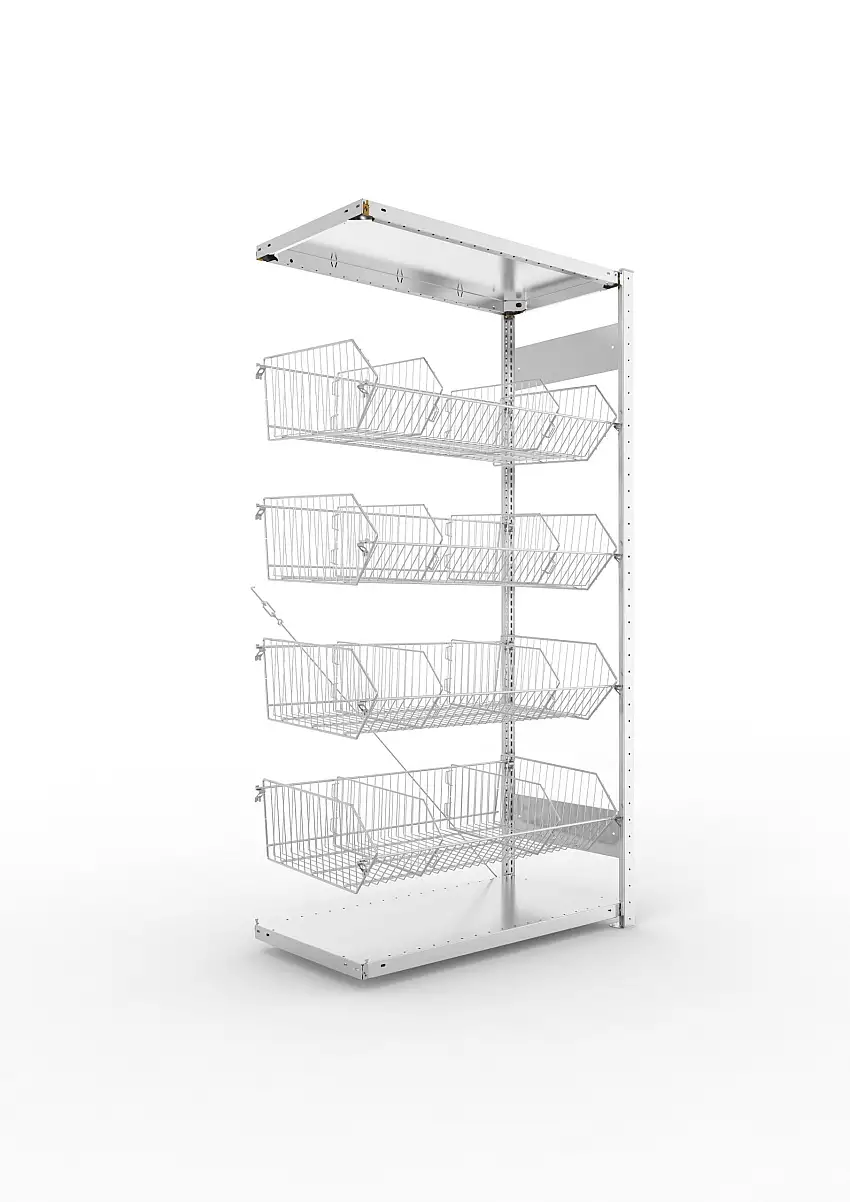 Meta Kleinteileregal Stecksystem CLIP mit Gitterkörben und Gitterteiler | Anbauregal | HxBxT 200x100x50cm | 6 Ebenen | Fachlast 35kg | Verzinkt