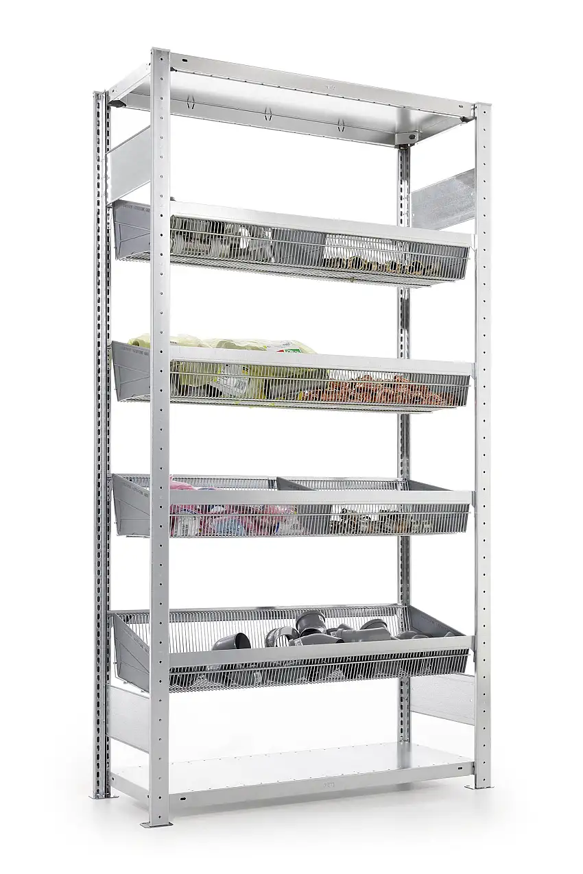 Meta Kleinteileregal Stecksystem CLIP mit Gitterkörben und PVC Fachteilern | Grundregal | HxBxT 200x100x40cm | 6 Ebenen | Fachlast 100kg | Verzinkt