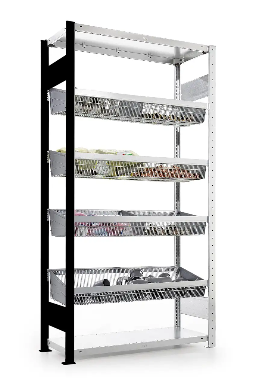 Meta Kleinteileregal Stecksystem CLIP mit Gitterkörben und PVC Fachteilern | Anbauregal | HxBxT 200x100x40cm | 6 Ebenen | Fachlast 100kg | Verzinkt