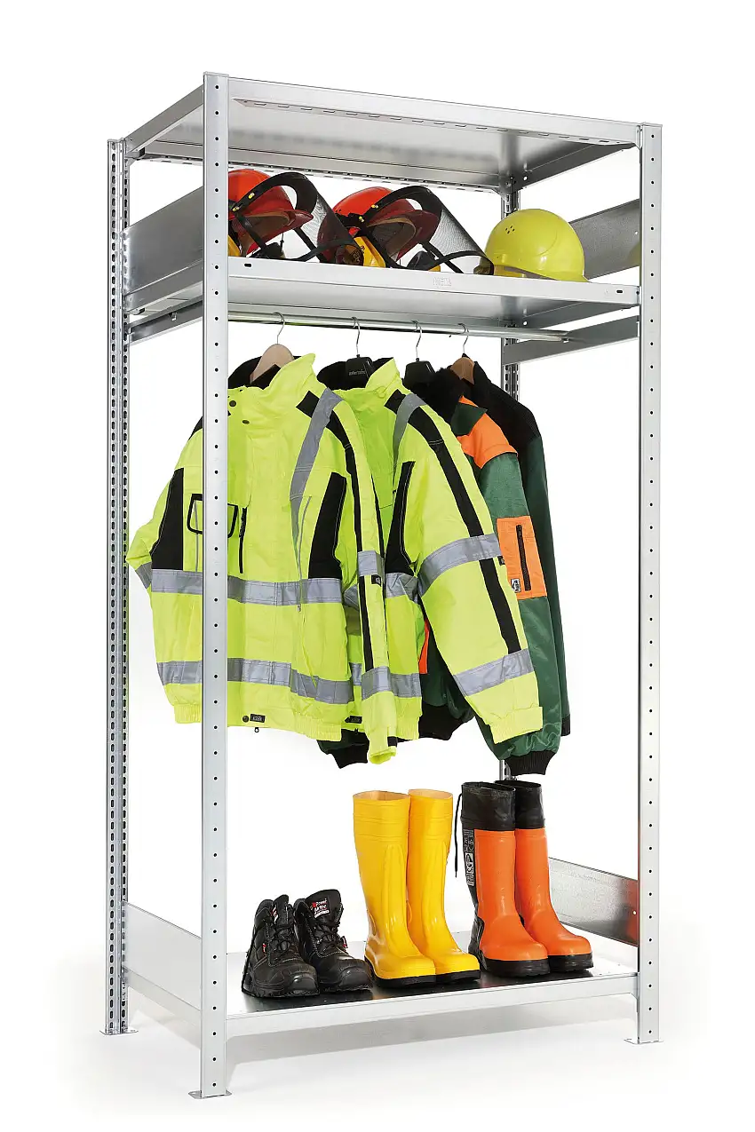 Meta Garderobenregal Stecksystem CLIP | Grundregal | HxBxT 200x100x60cm | 3 Fachböden + Kleiderstange | Fachlast 100kg | Verzinkt