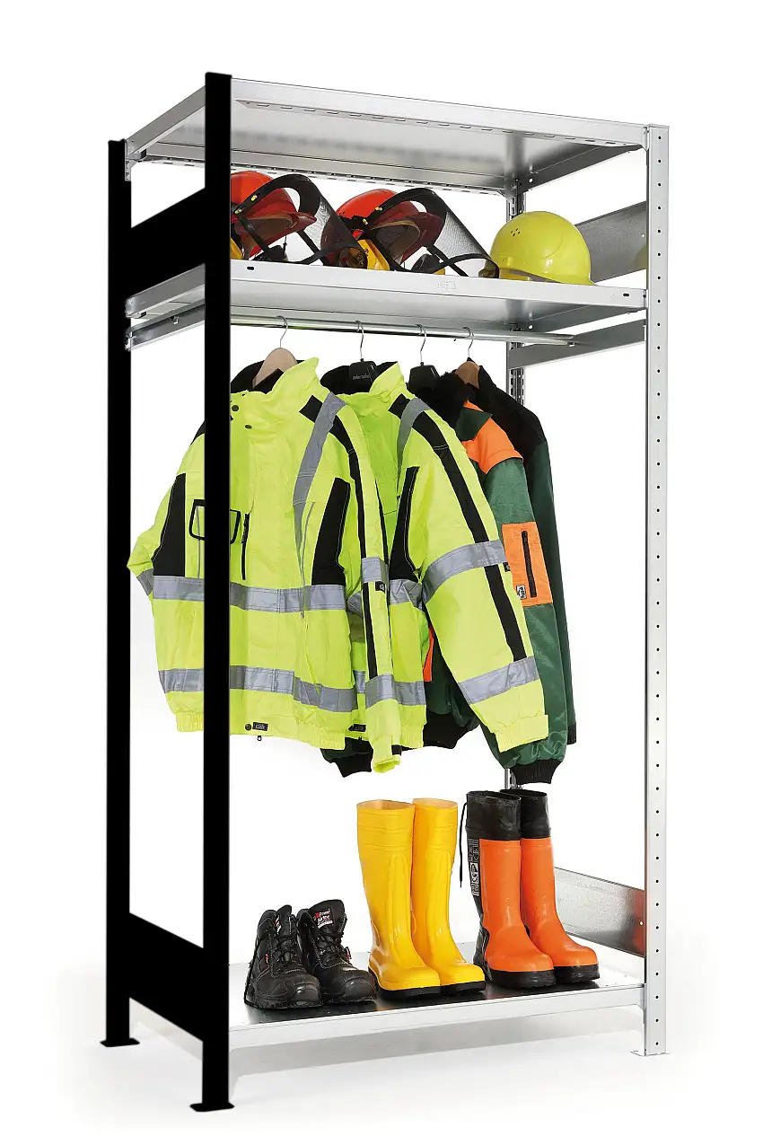 Meta Garderobenregal Stecksystem CLIP | Anbauregal | HxBxT 200x100x60cm | 3 Fachböden + Kleiderstange | Fachlast 100kg | Verzinkt