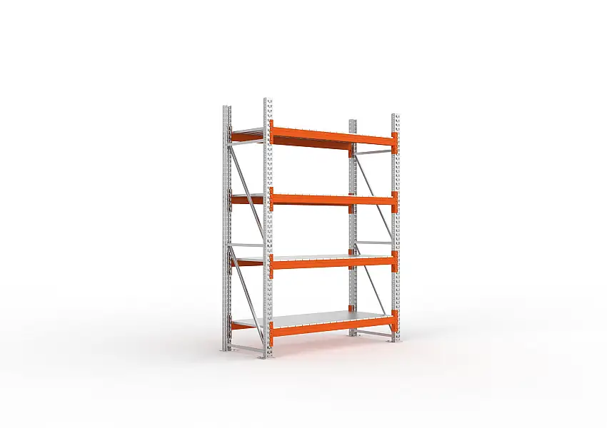 Meta Palettenregal MULTIPAL mit Stahl-Auflage | Grundregal | HxBxT 270x183x80cm | 4 Ebenen | Fachlast 1800kg | Verzinkt/Orange