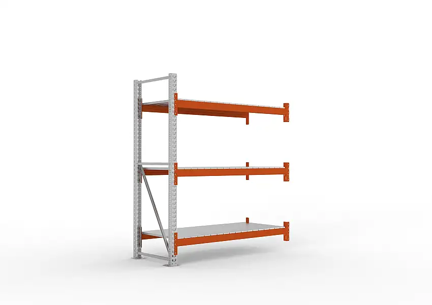 Meta Palettenregal MULTIPAL mit Stahl-Auflage | Anbauregal | HxBxT 220x183x80cm | 3 Ebenen | Fachlast 1800kg | Verzinkt/Orange