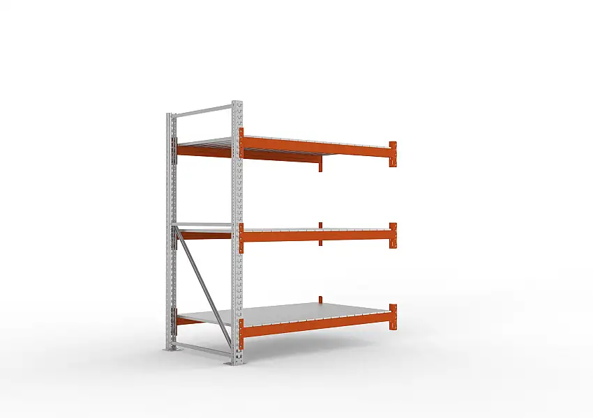 Meta Palettenregal MULTIPAL mit Stahl-Auflage | Anbauregal | HxBxT 220x183x110cm | 3 Ebenen | Fachlast 1800kg | Verzinkt/Orange