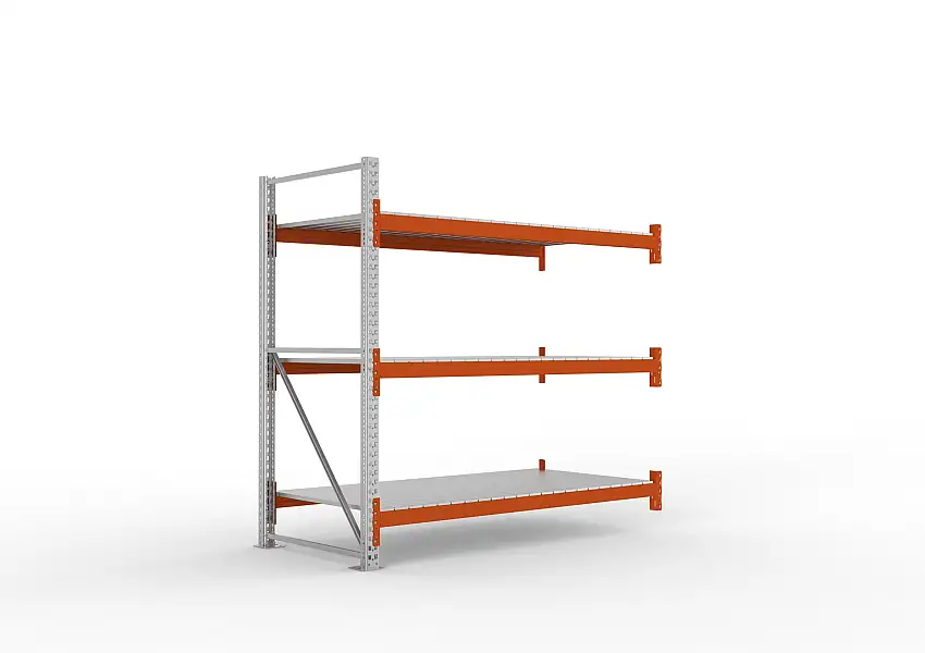 Meta Palettenregal MULTIPAL mit Stahl-Auflage | Anbauregal | HxBxT 220x223x110cm | 3 Ebenen | Fachlast 1900kg | Verzinkt/Orange