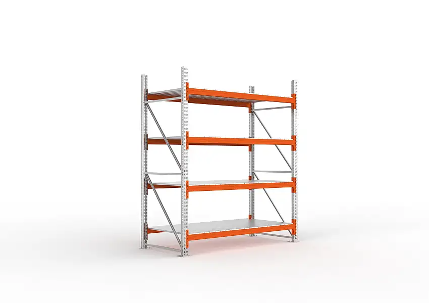 Meta Palettenregal MULTIPAL mit Stahl-Auflage | Grundregal | HxBxT 270x223x110cm | 4 Ebenen | Fachlast 1900kg | Verzinkt/Orange