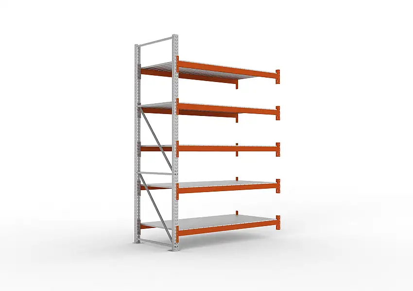 Meta Palettenregal MULTIPAL mit Stahl-Auflage | Anbauregal | HxBxT 330x223x110cm | 5 Ebenen | Fachlast 1850kg | Verzinkt/Orange