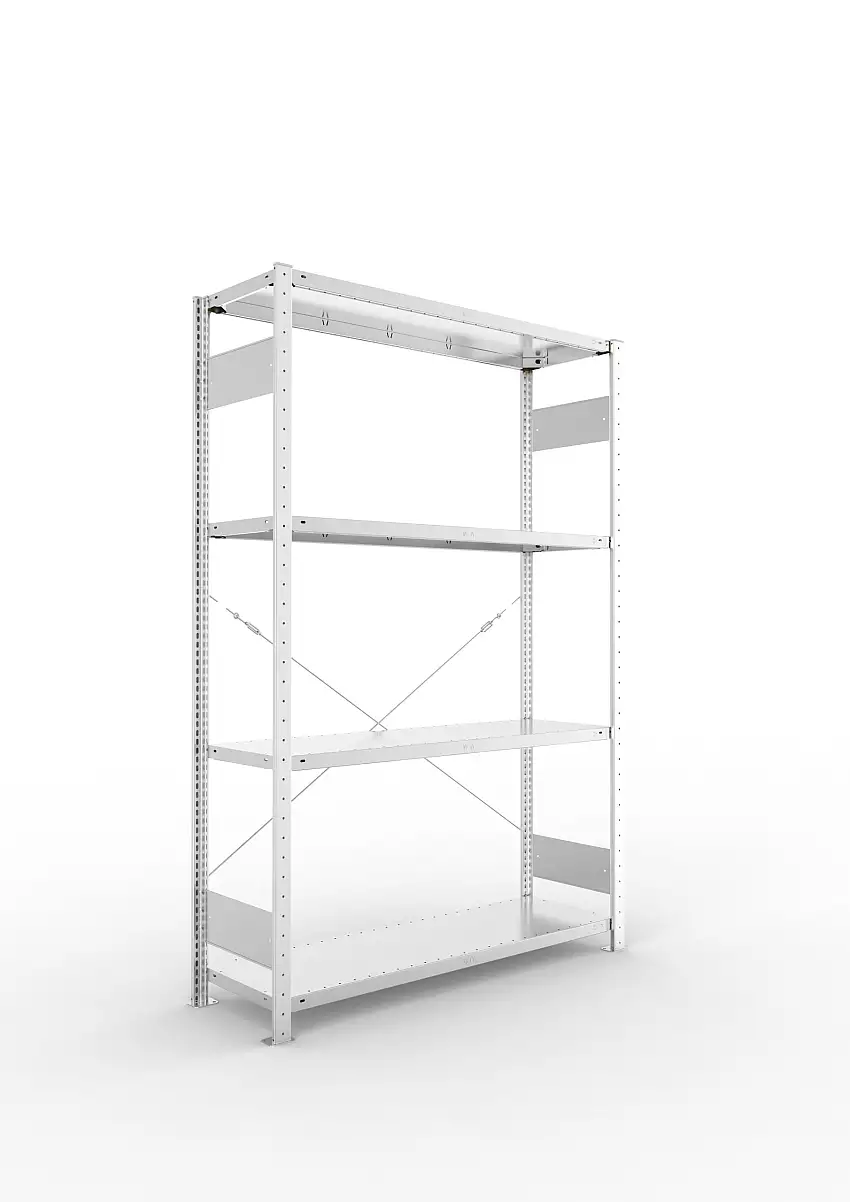 Meta Fachbodenregal Stecksystem S3 CLIP | Grundregal | HxBxT 200x130x40cm | 4 Ebenen | Fachlast 150kg | Einseitig nutzbar | Verzinkt