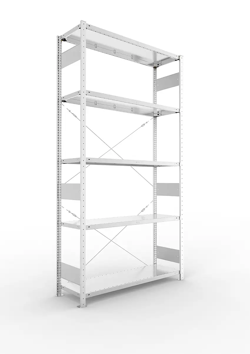 Meta Fachbodenregal Stecksystem S3 CLIP | Grundregal | HxBxT 250x130x40cm | 5 Ebenen | Fachlast 150kg | Einseitig nutzbar | Verzinkt