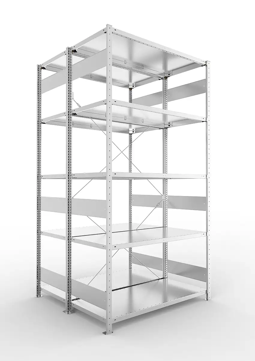 Meta Fachbodenregal Stecksystem S3 CLIP | Grundregal | HxBxT 250x130x120cm | 5 Ebenen | Fachlast 150kg | Doppelseitige Bauart mit Diagonalverstrebung | Verzinkt