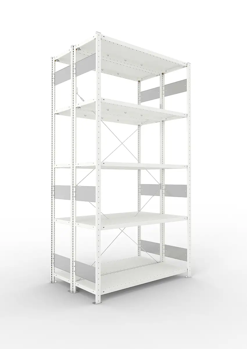 Meta Fachbodenregal Stecksystem S3 CLIP | Grundregal | HxBxT 250x130x80cm | 5 Ebenen | Fachlast 150kg | Doppelseitige Bauart mit Diagonalverstrebung | Lichtgrau