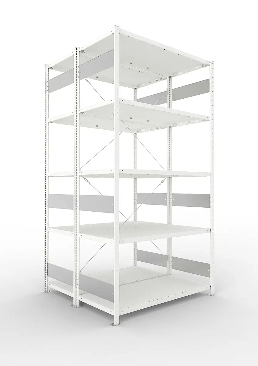 Meta Fachbodenregal Stecksystem S3 CLIP | Grundregal | HxBxT 250x130x120cm | 5 Ebenen | Fachlast 150kg | Doppelseitige Bauart mit Diagonalverstrebung | Lichtgrau