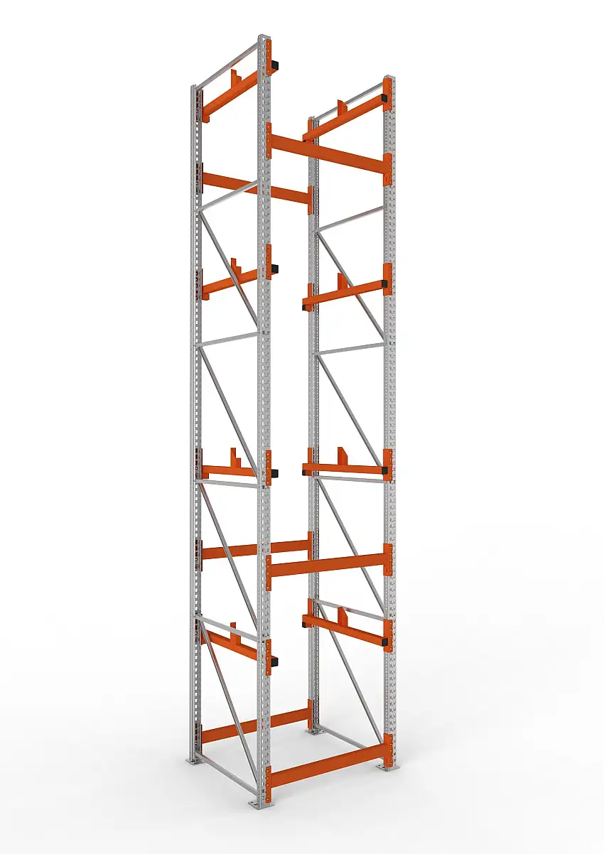 Meta Kabeltrommelregal MULTIPAL Typ 1 | Grundregal | HxBxT 550x110x110cm | 4 Trommelaufnahmen, ohne Achsen | Verzinkt/Orange