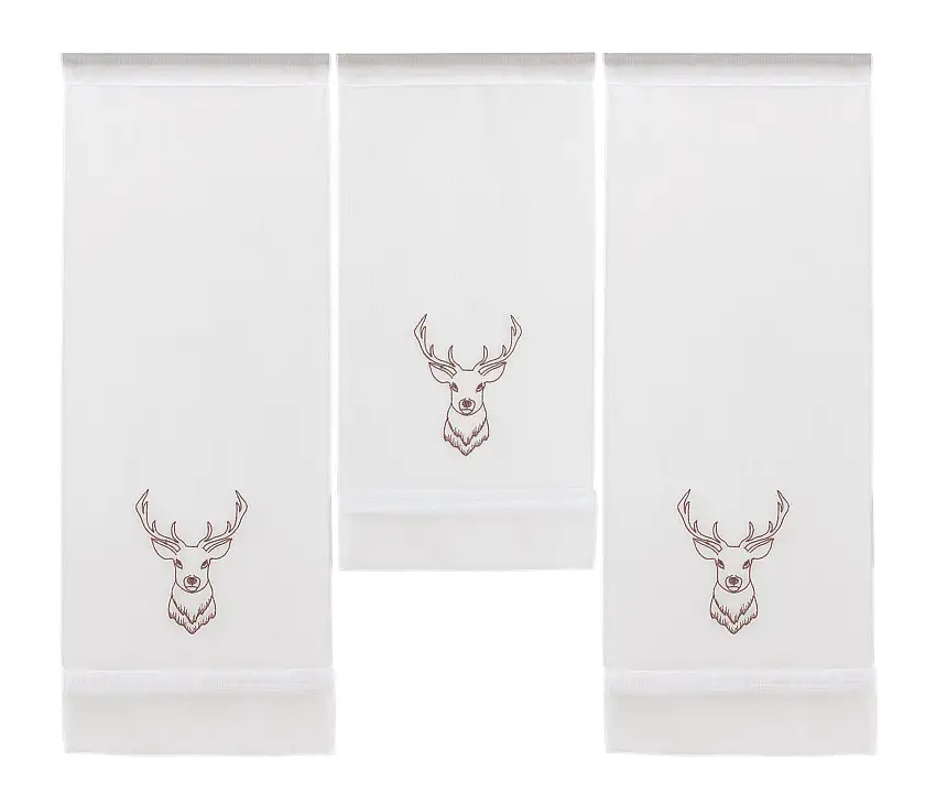 Design Mini Flächenvorhang Set weiß bestickt Hirsch braun Scheibengardine 4056-01